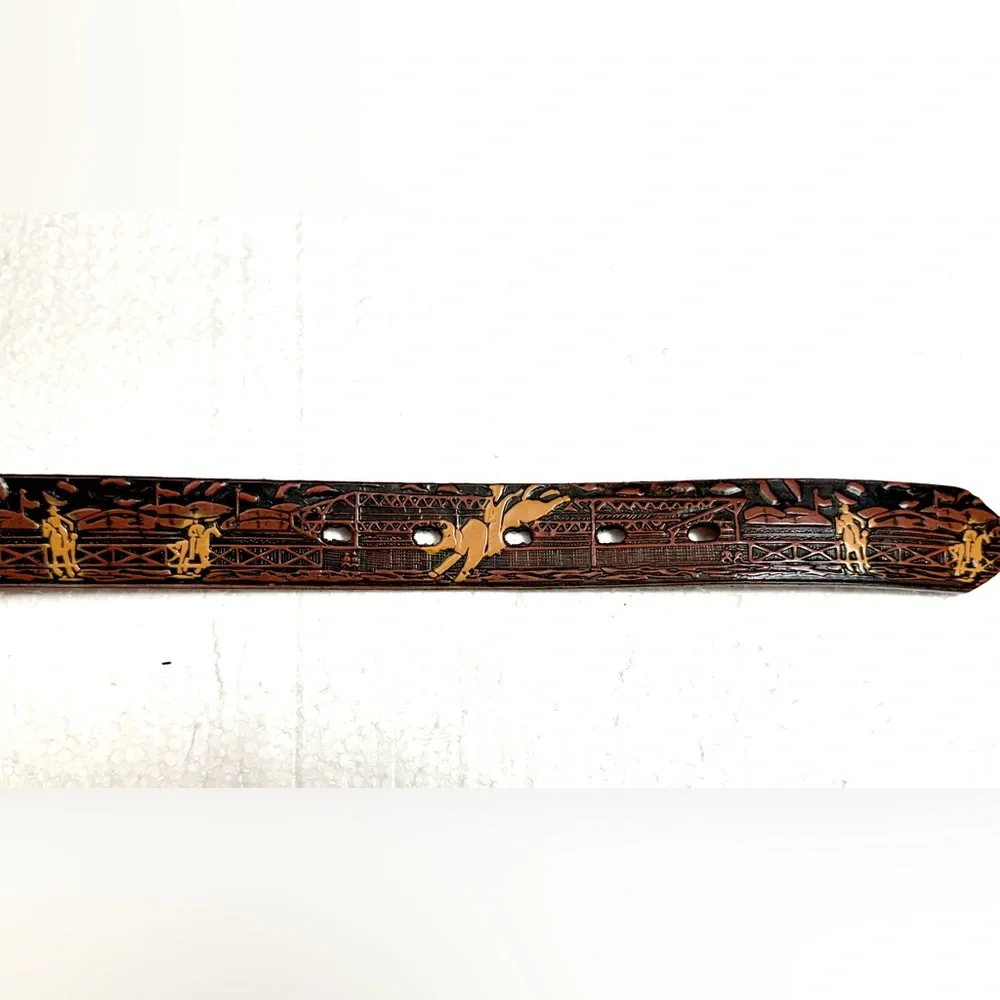 Western Men's Brown Leather Belt with Ornate Silver Buckle Embellished